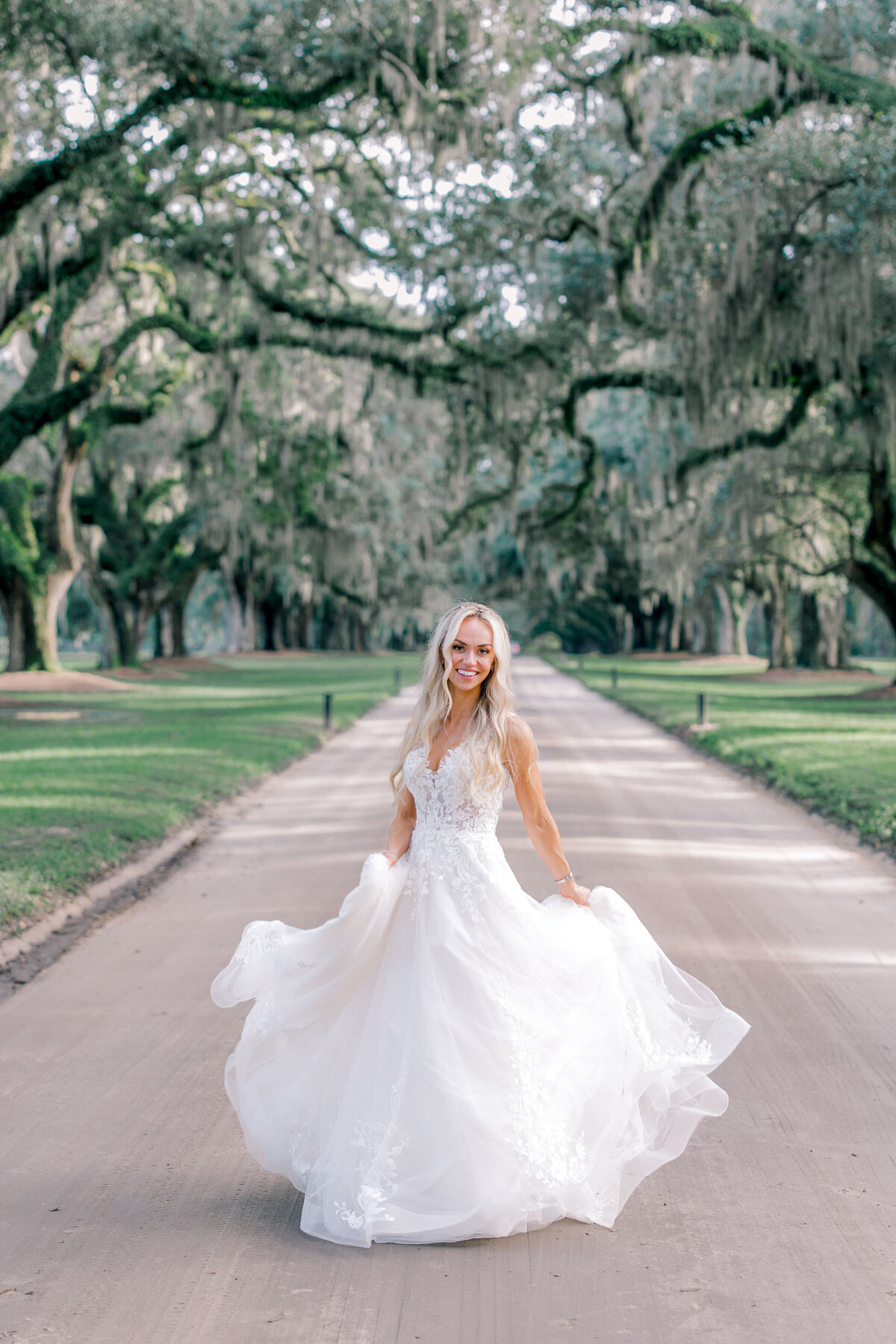 Bride on the road at Boone hall