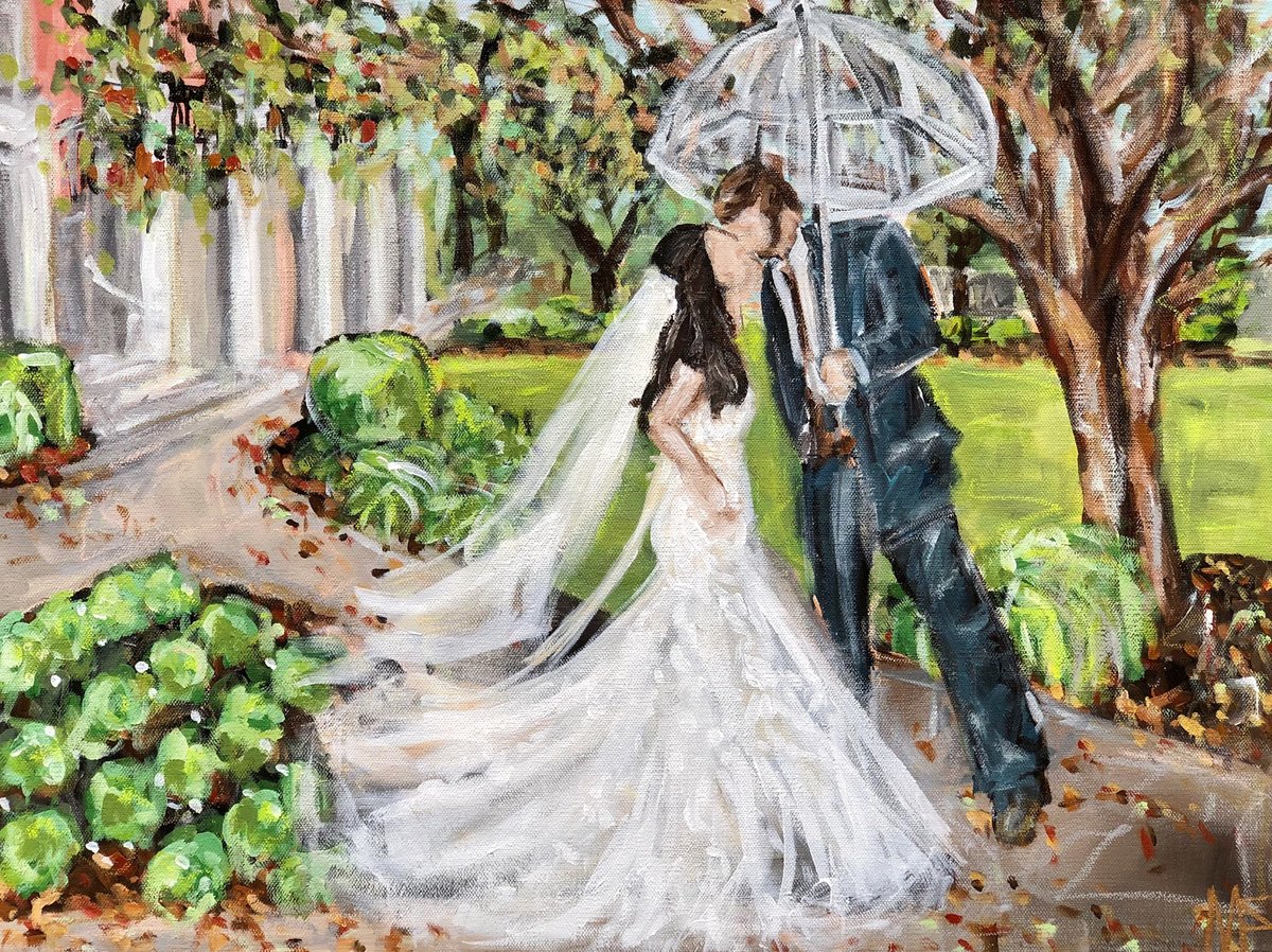 Commissioned painting by Miriam Shufelt, bride and groom under umbrella