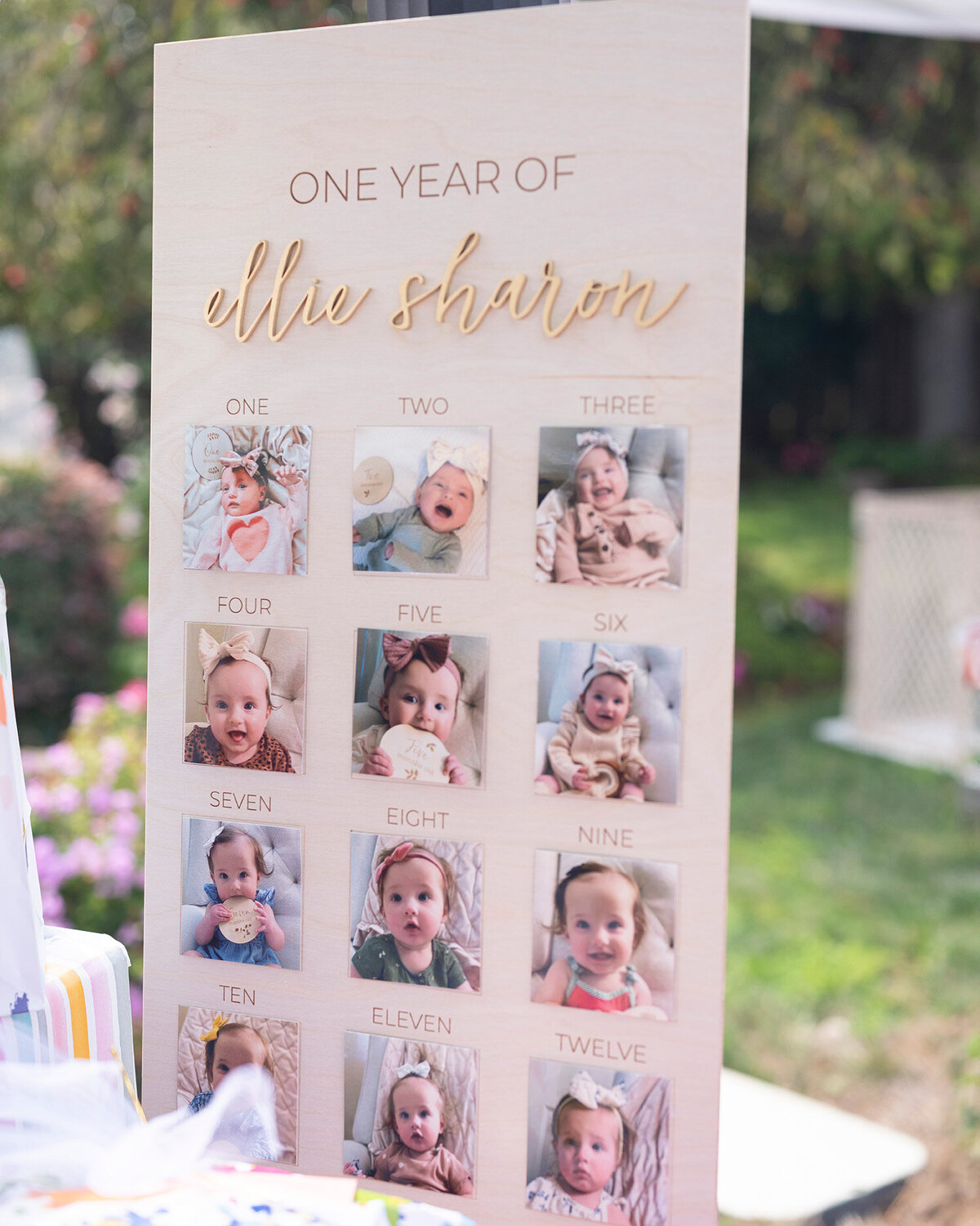 Display of baby’s monthly milestone photos from newborn to 12 months at a backyard first birthday party in Novato, photographed by a San Francisco Bay Area first birthday photographer.