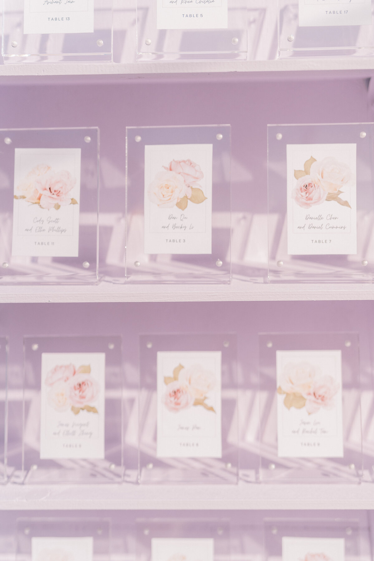 Acrylic escort cards featuring soft watercolor rose illustrations displayed on a blush seating chart wall.