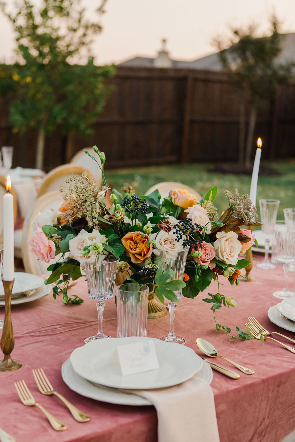 Wedding Reception Details at Fort Worth backyard wedding with florals by Best Fort Worth Florist, Vella Nest Floral Design