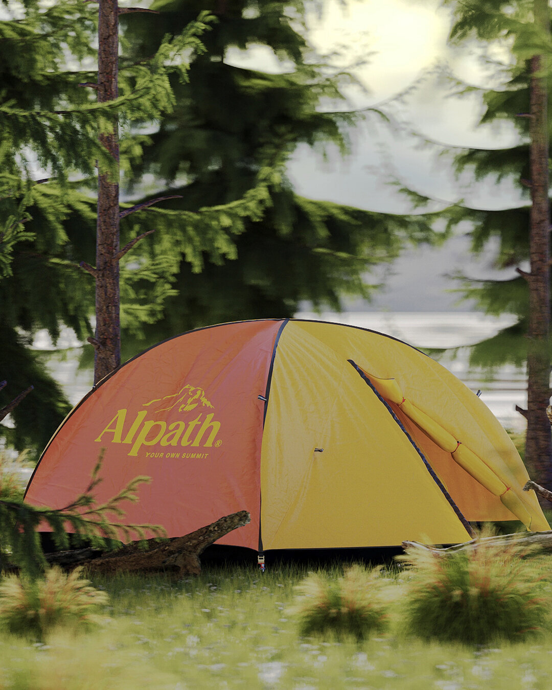 Alpath branding on yellow and orange camping tent set in forest, showcasing outdoor brand identity and logo design.