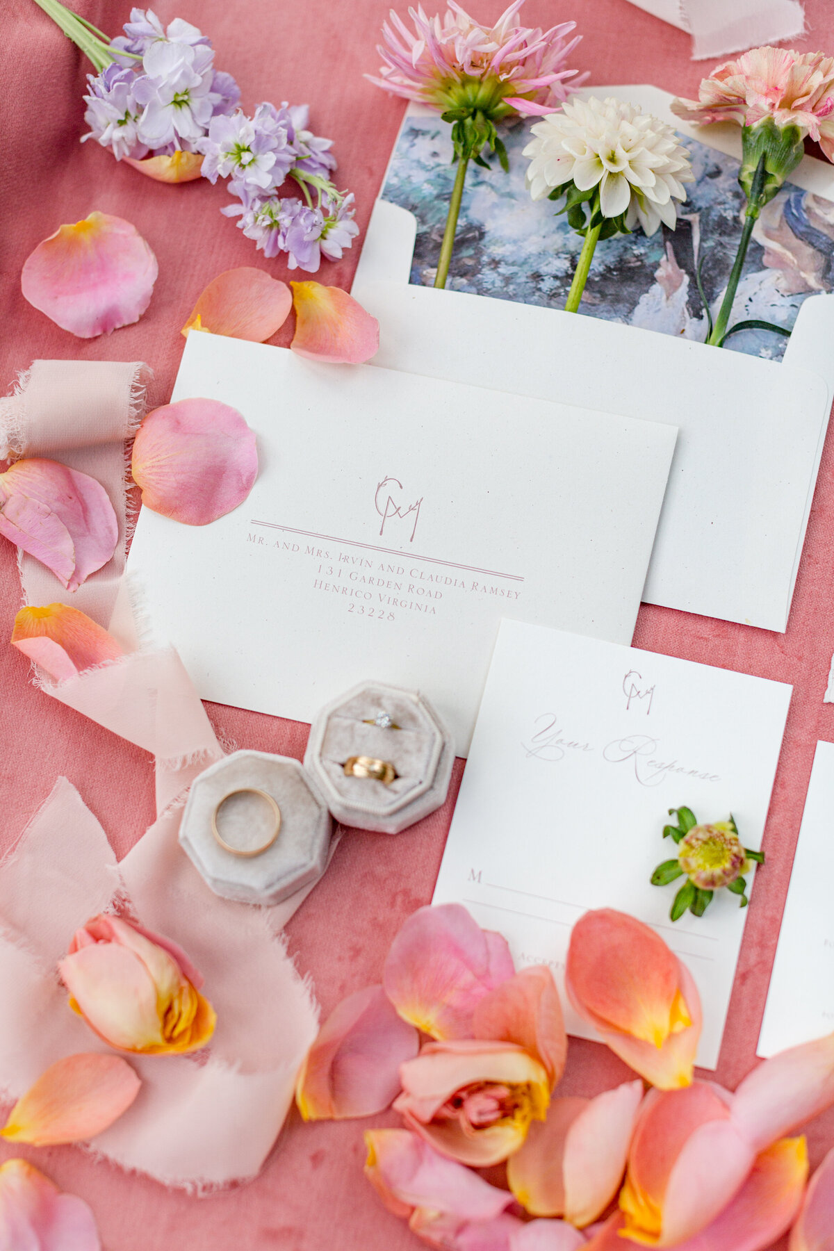 Flat lay of a wedding invitation and rings
