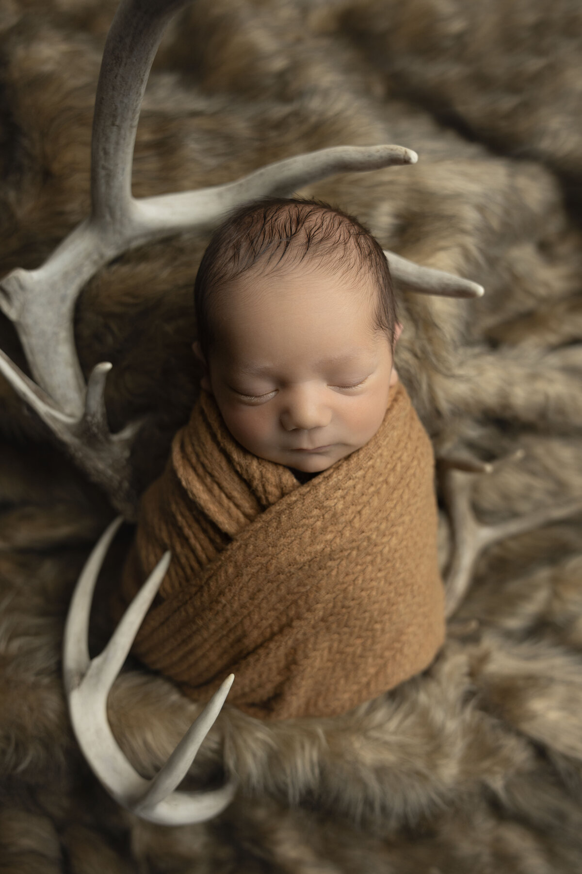 Swaddled baby lays on a fur blanket surrounded by deer antlers.