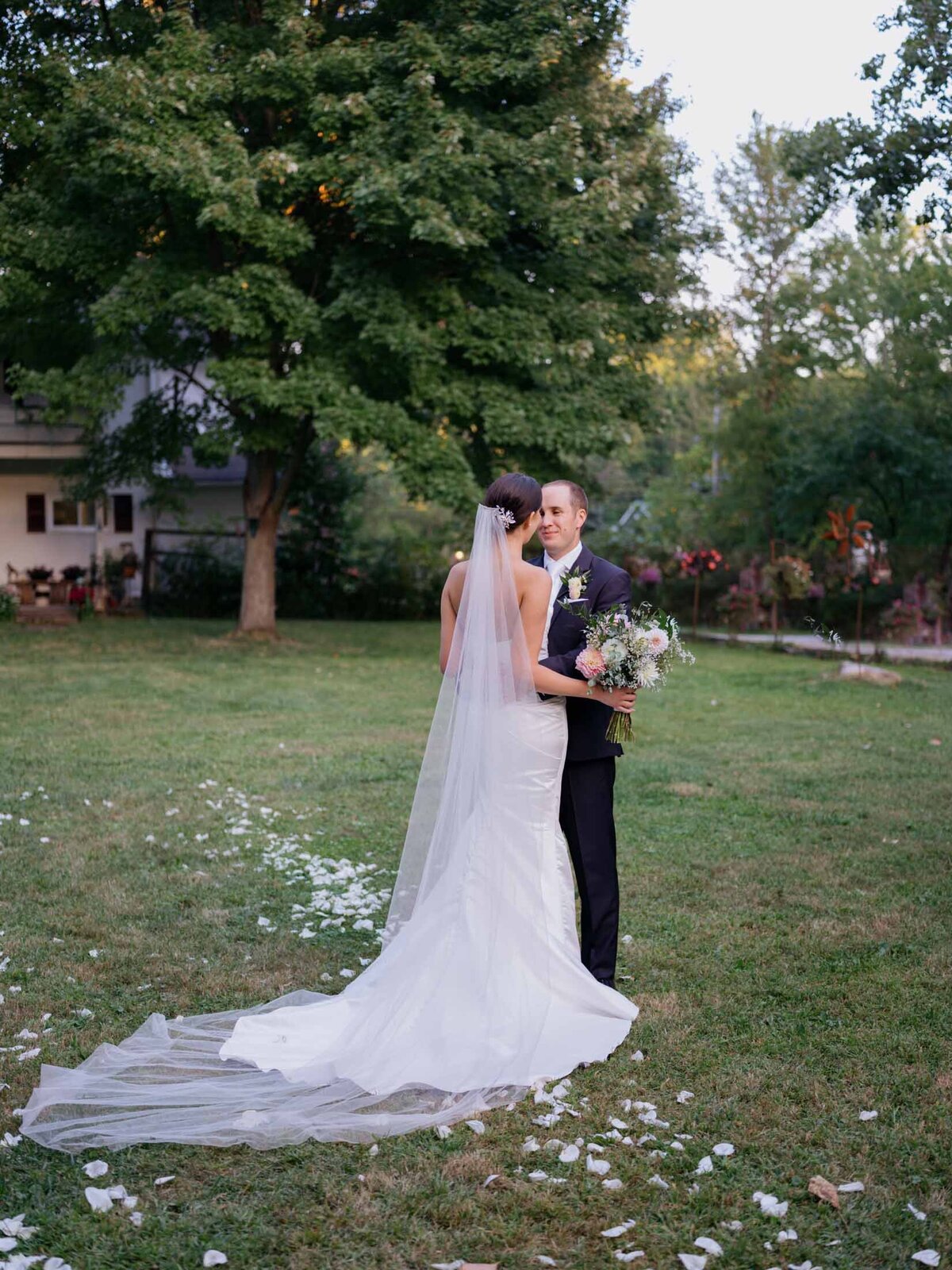 Classic bride and groom portrait at their private residence tented wedding.