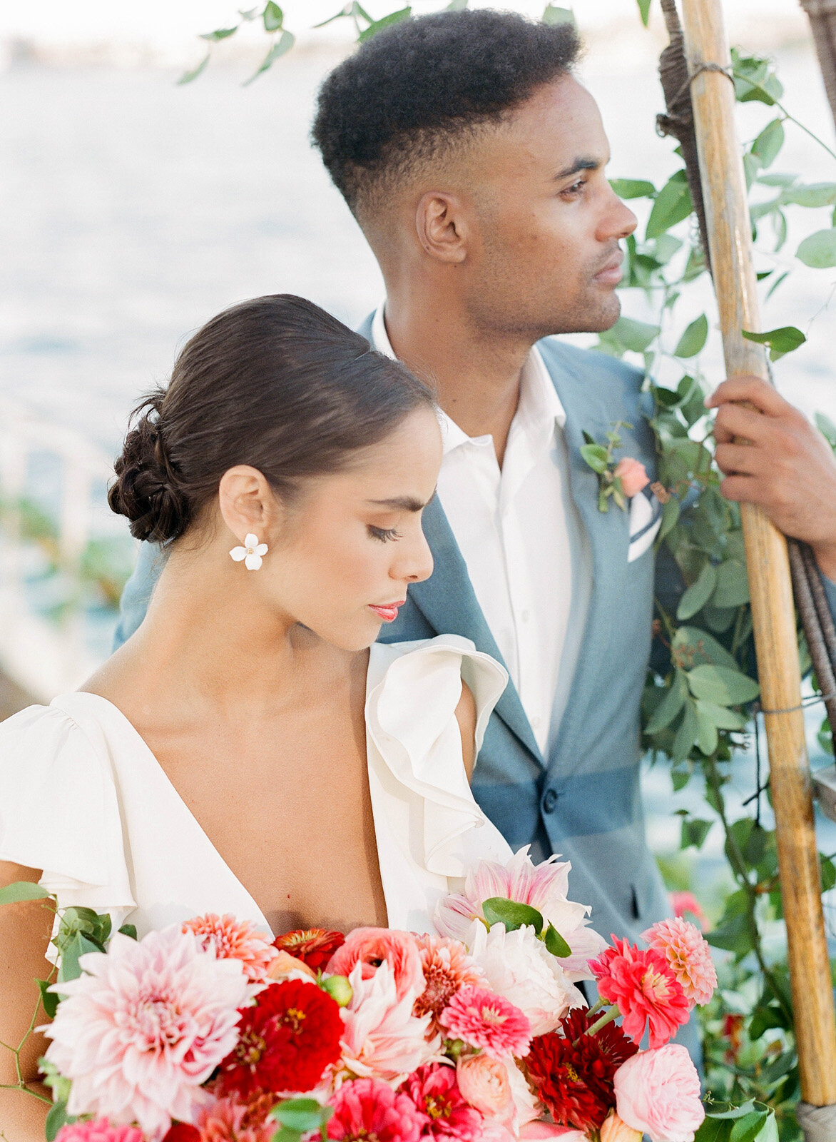 Kate-Murtaugh-Events-elopement-wedding-planner-Boston-Harbor-sailing-sail-boat-yacht-greenery-floral-installation-dahlia-bouquet