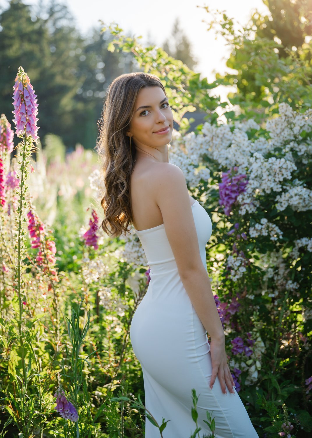 flowers garden senior portraits white dress