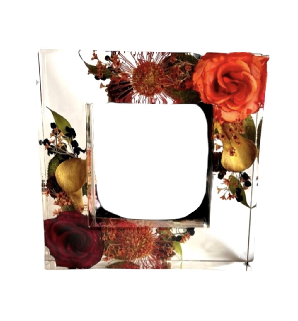 6x6 frame resin block made with burgundy and orange wedding flowers preserved as a family keepsake