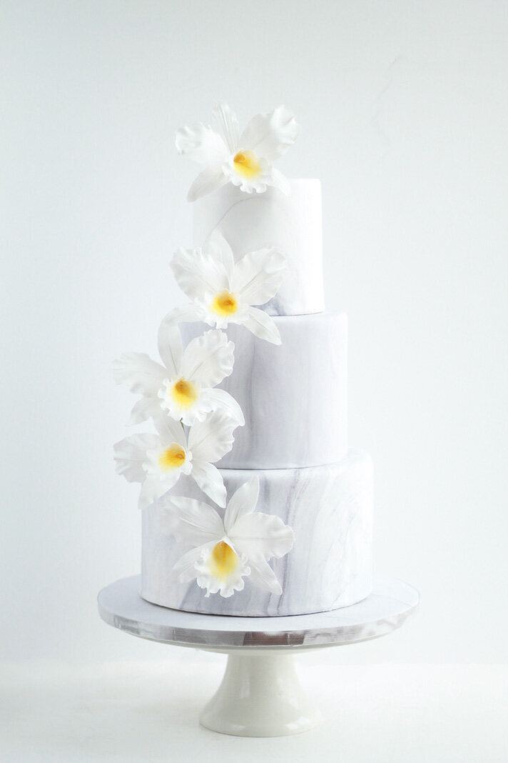 grey marble fondant wedding cake with orchids, Hamilton ON wedding cakes