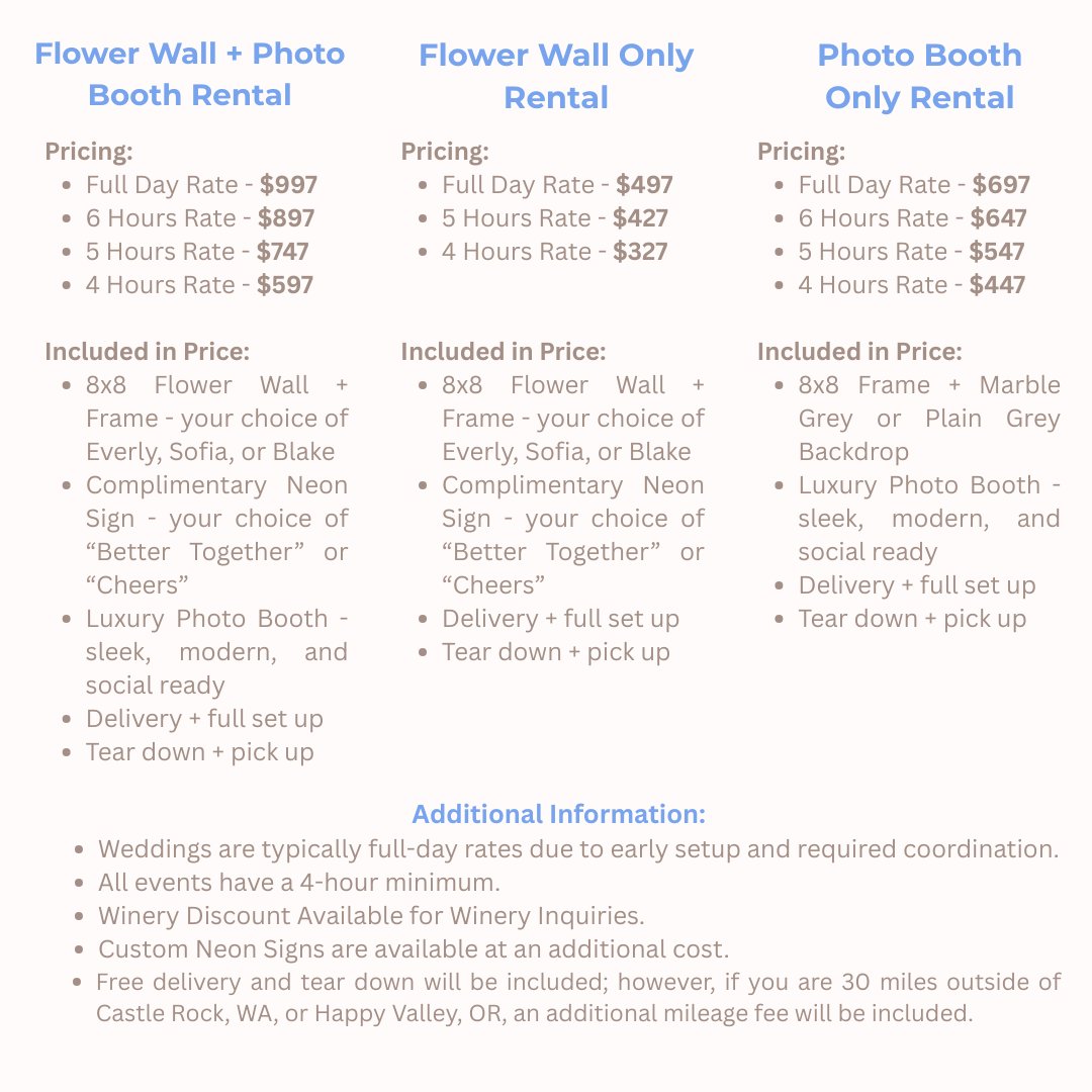 Washington and Oregon Flower wall and photobooth rental