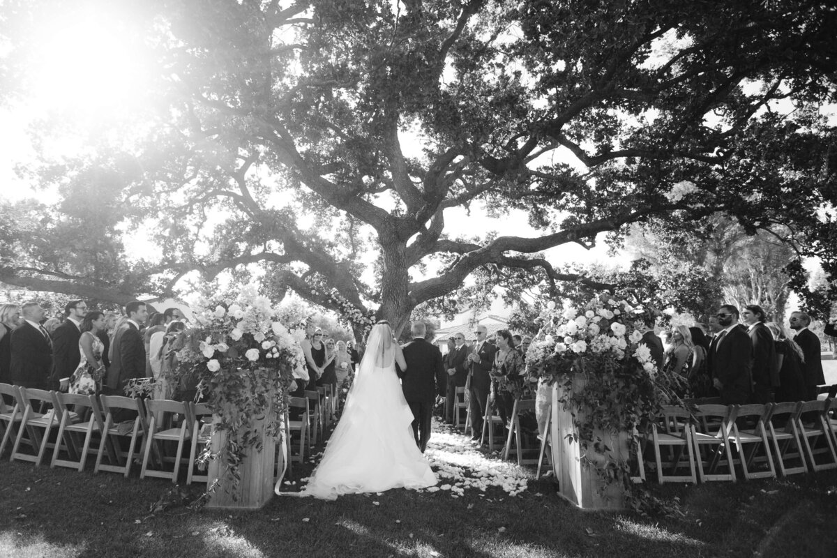 Bride walking down the aisle at an outdoor wedding venue in Ojai