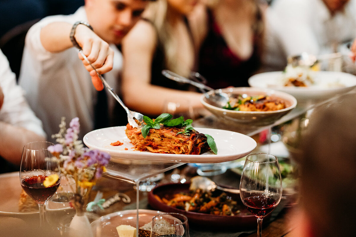 Food served for dinner family feast style at Petrichor Farm, near Canberra ACT