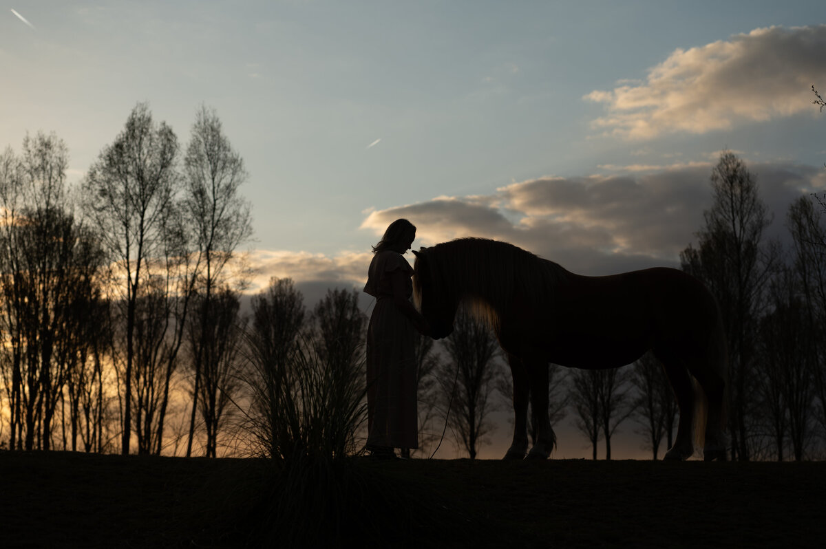 Vrouw met paard in Silhouette foto zonder bewerking