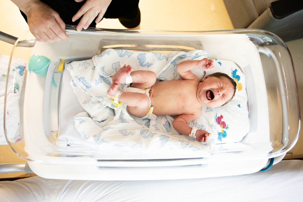 Newborn baby crying in bassinet looking down from above