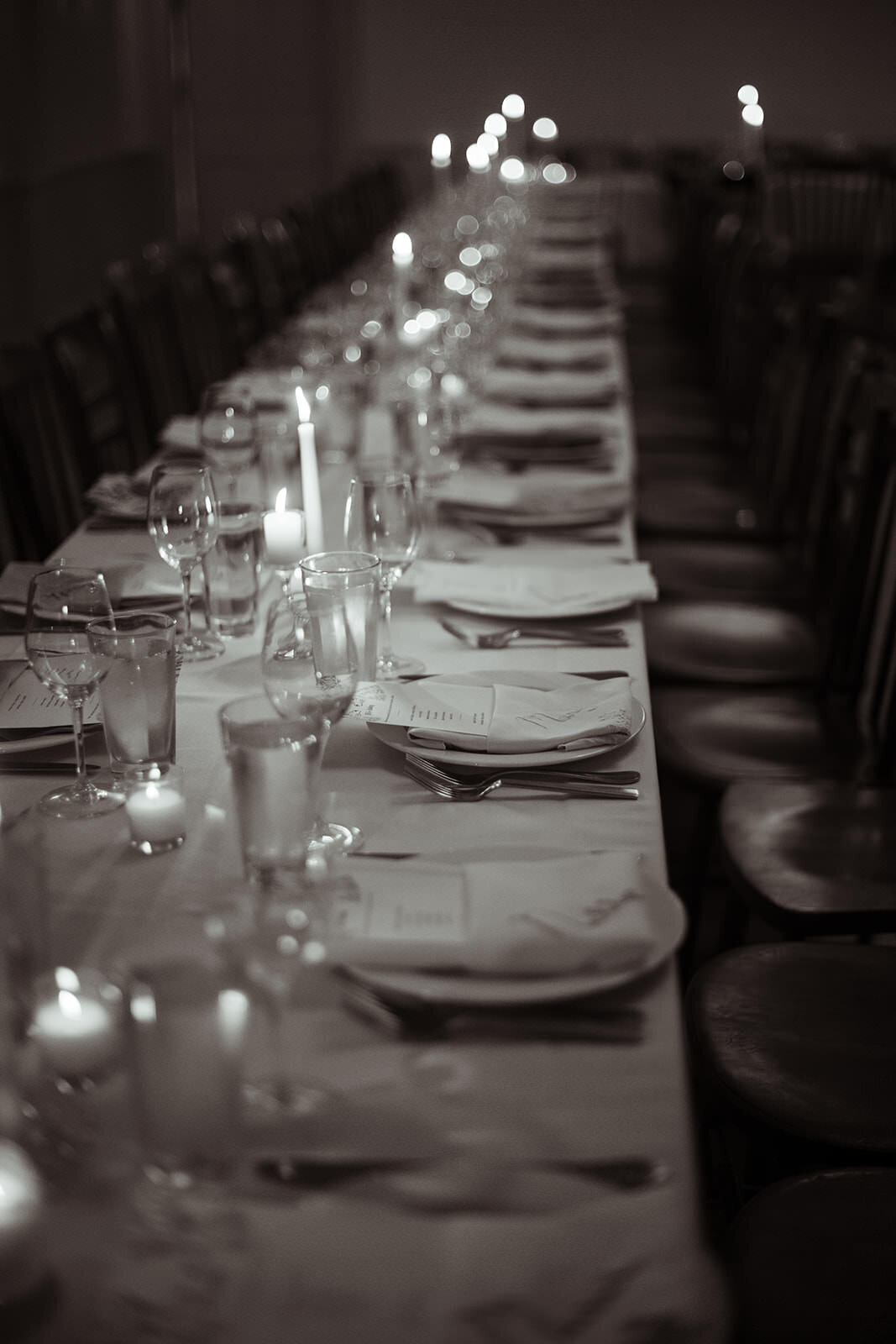 Candlelit long wedding table scape