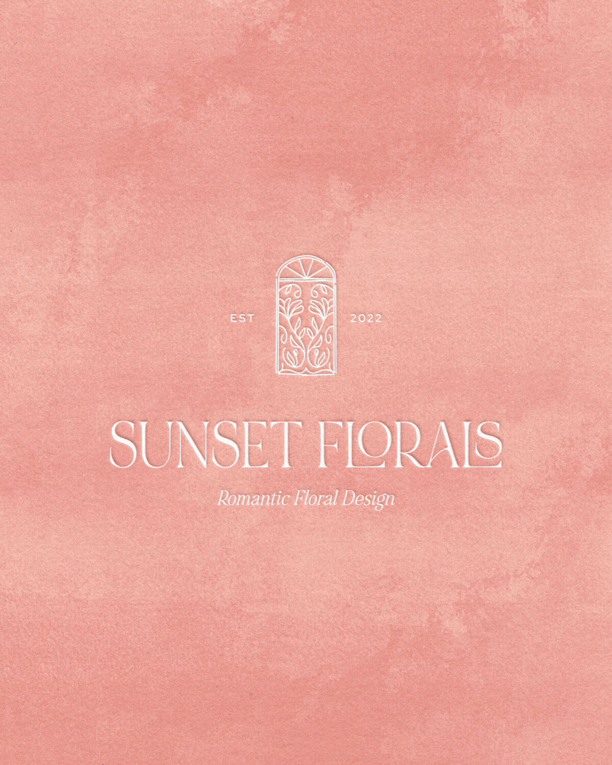 Hand-drawn floral logo for Sunset Florals over a coral painted background