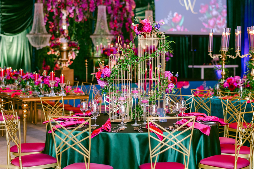 secret-garden-wedding-reception-purple-pink-green-greenery-birdcage-centerpiece