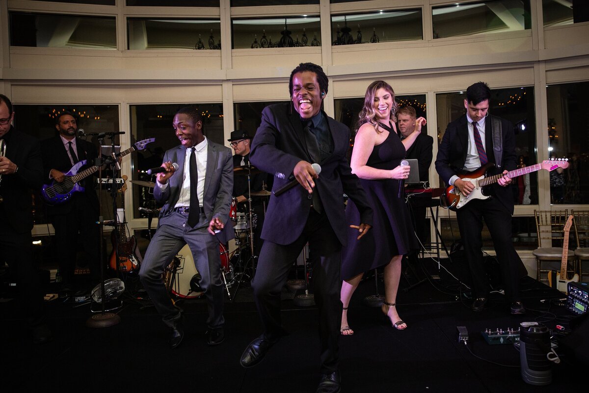 wedding band dance during reception at Boston Harbor hotel.