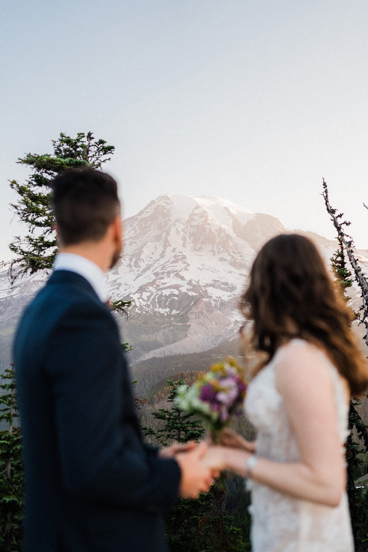 Eloping couple admire Mount Rainier at sunrise, right after their ceremony.