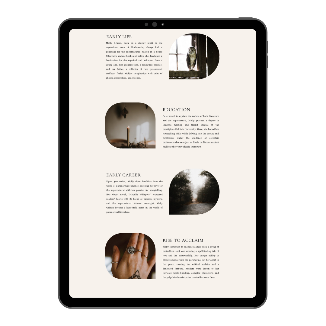 author background light academia website design template for showit  a season of stories web design