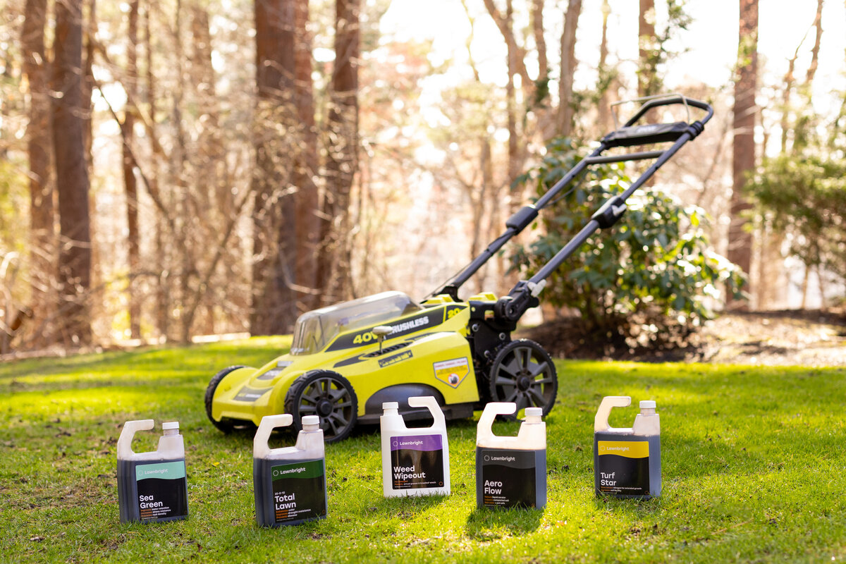 Photo of lawn care products posed in front of a push lawnmower 