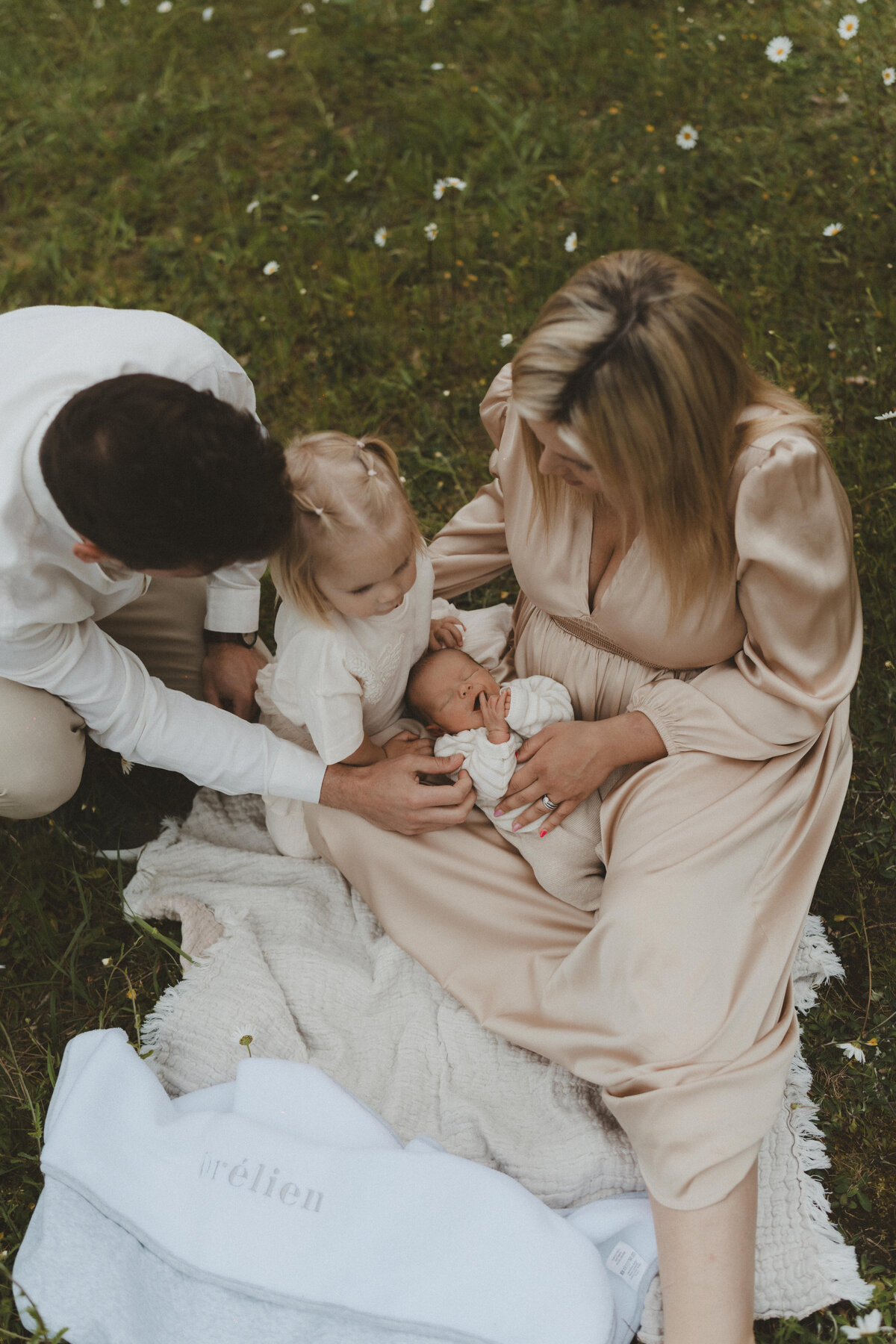 Gezin van vier zit in bloemenweide op dekentje en knuffelen baby.