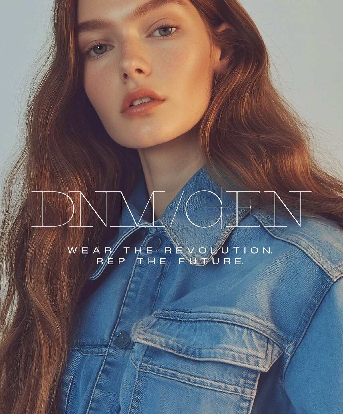 woman in denim jumpsuit with dnm gen logo and tagline