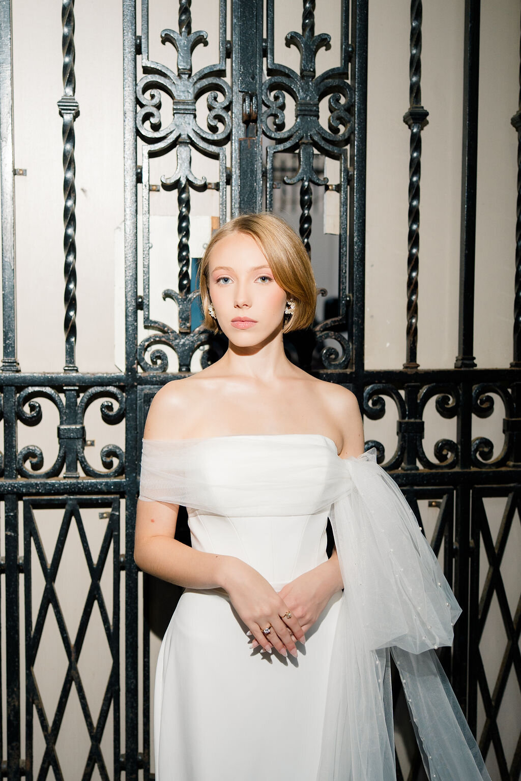 Elegant cathedral length scarf with pearl accents designed for modern brides
