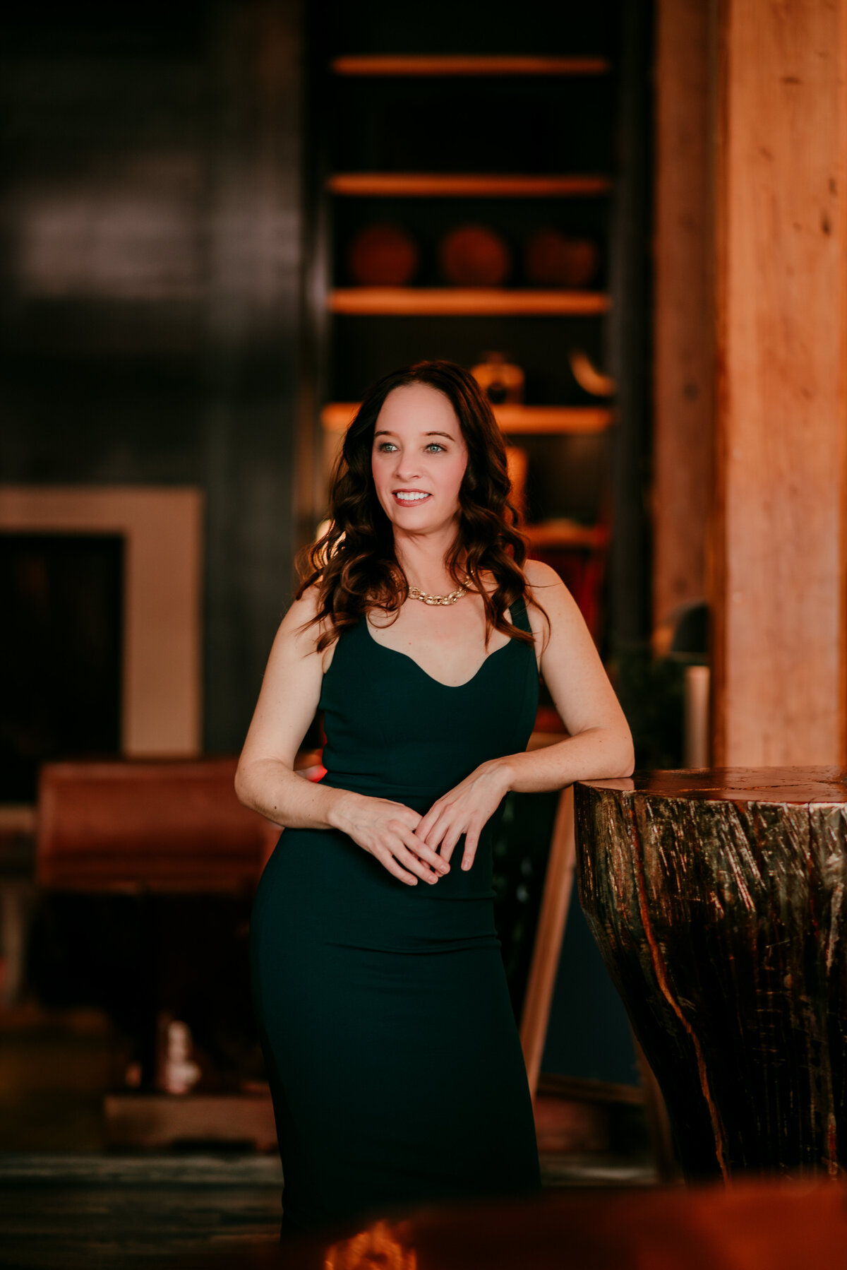 A refined dating portrait of a classy woman inside the Hewing Hotel in Minneapolis, featuring elegant interiors and soft lighting