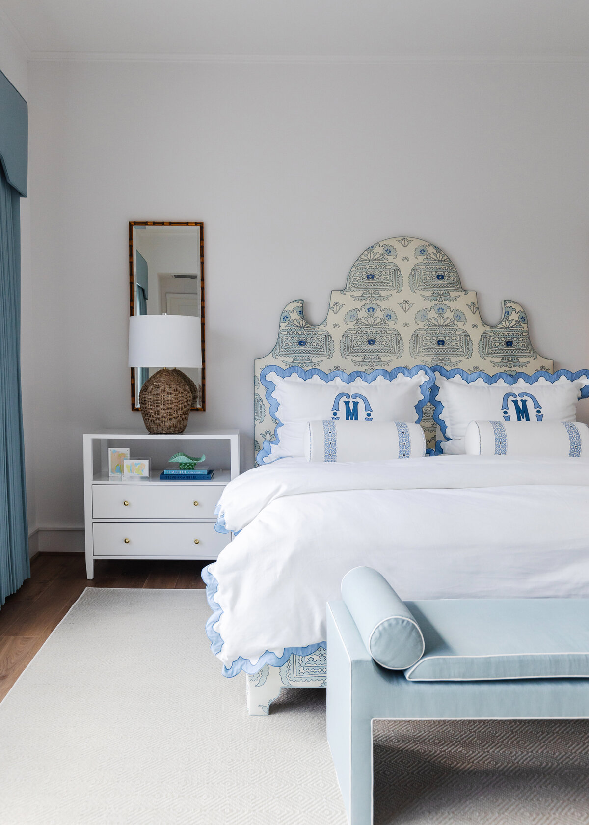 oyster creek studios memorial new build master bedroom blue and white vertical