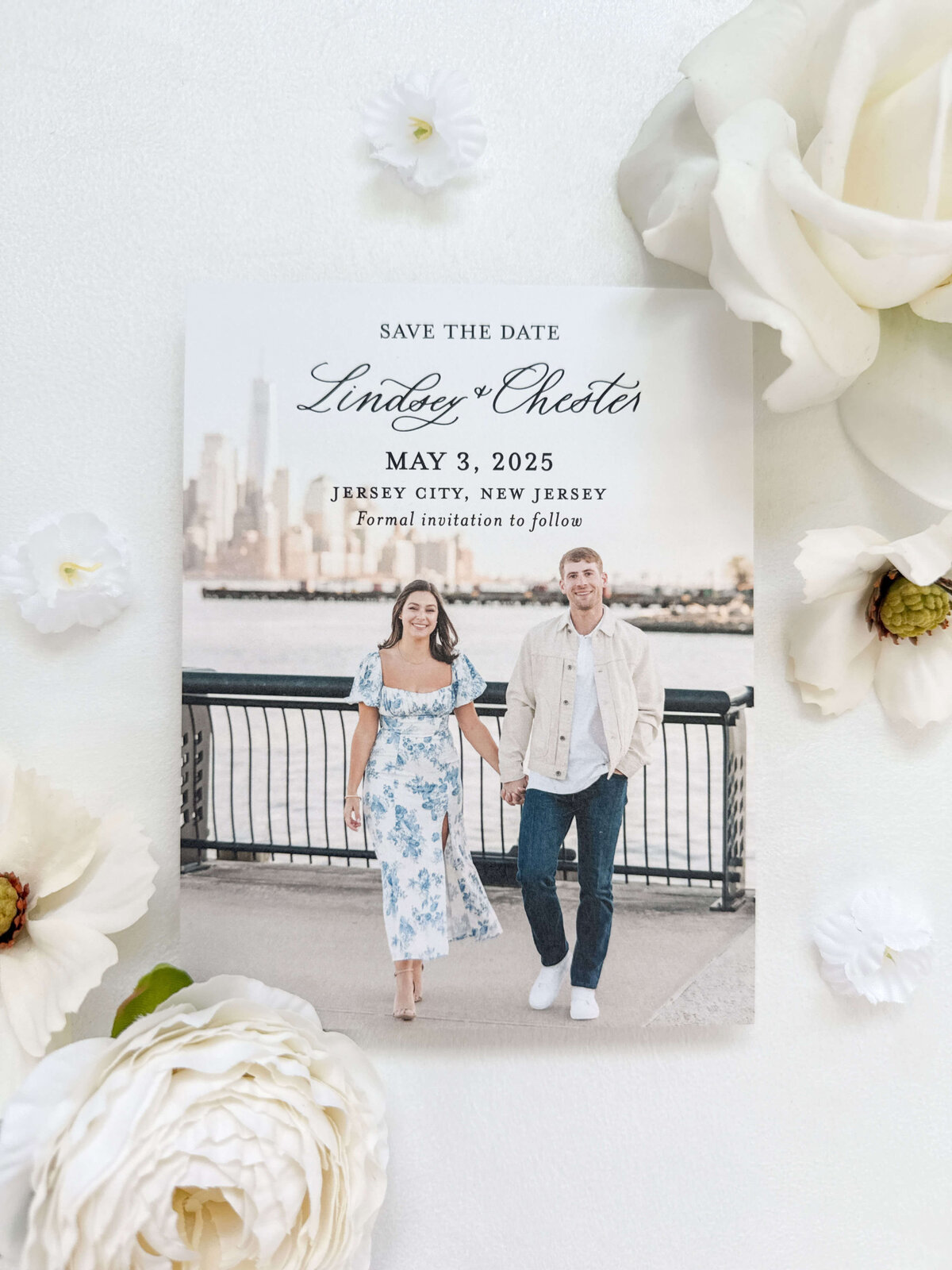 Custom photo save the date card with Lace and Belle calligraphy, Engagement photo by Lizzie Burger Photography