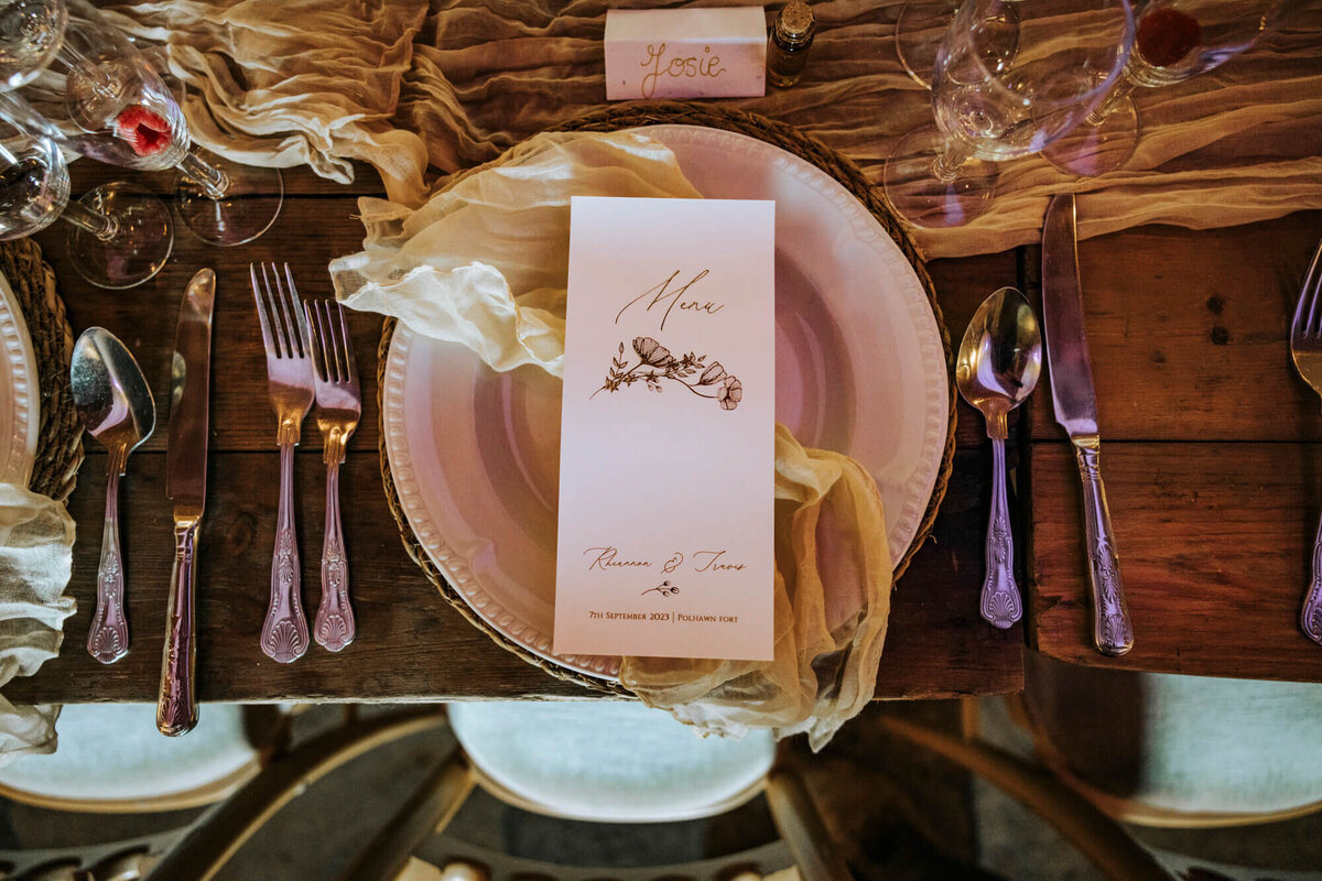 A place setting with a menu and silverware