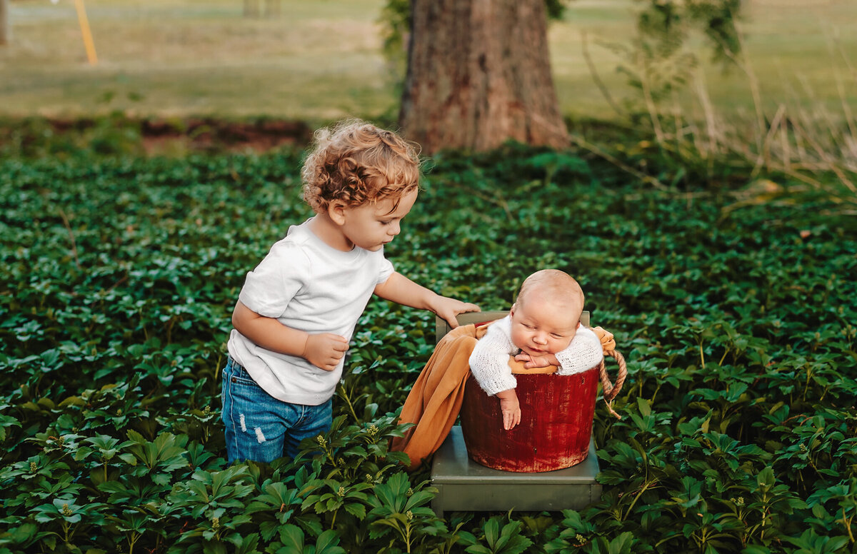 Toddler boy looking at his baby brother in a bucket outdoors.