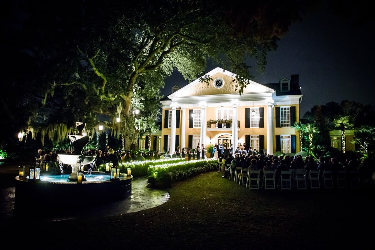 Nighttime wedding ceremony at Southern Oaks