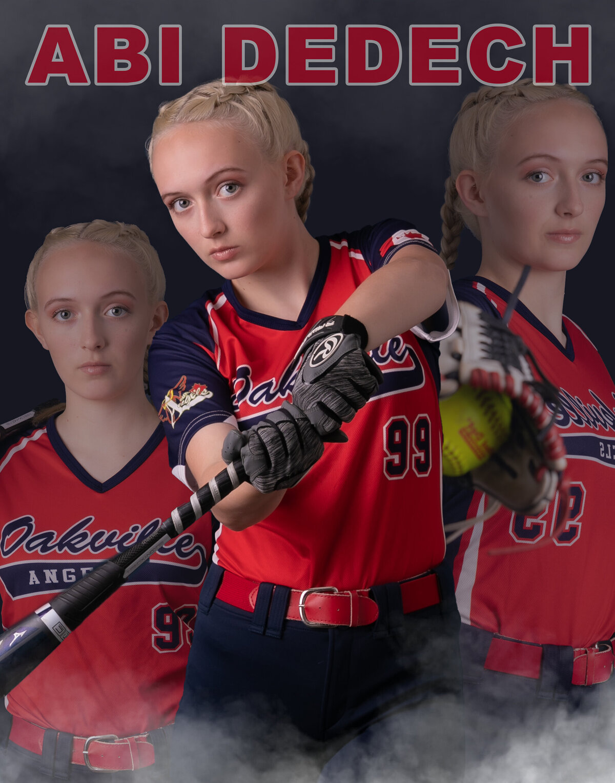 Picture of a girl baseball player in an artistic portrait.  It is a collage of three images. 