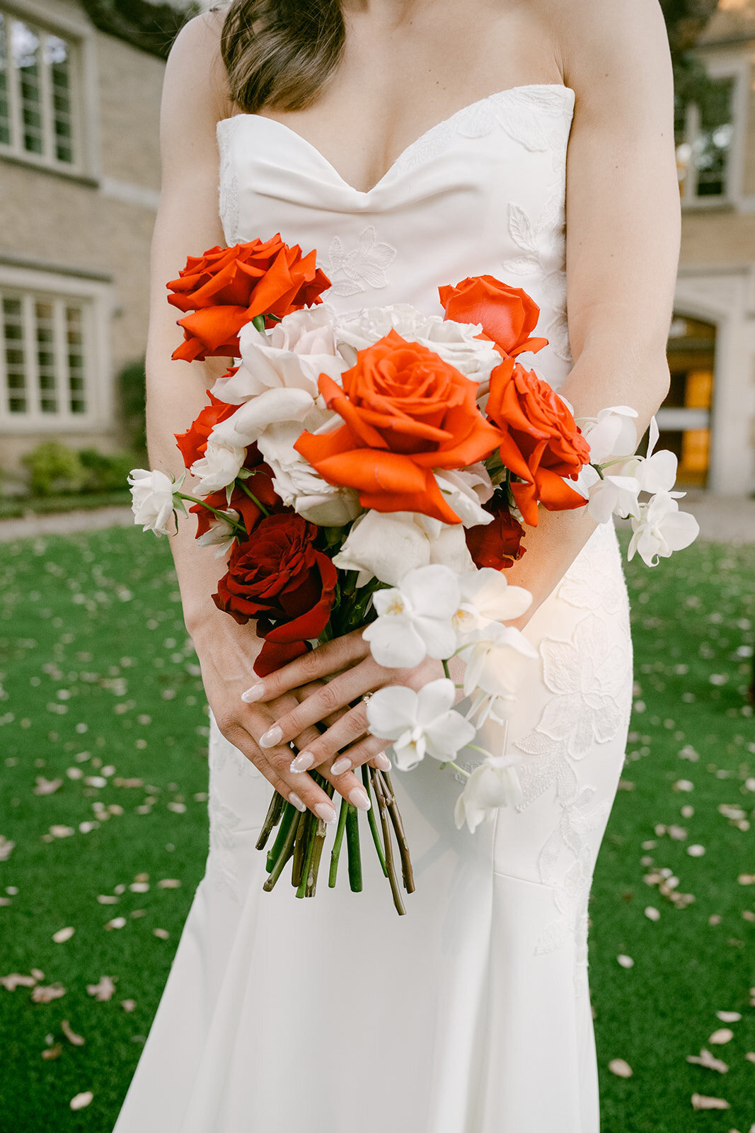 Close-up bridal portrait with high-end floral design in San Antonio garden wedding setting