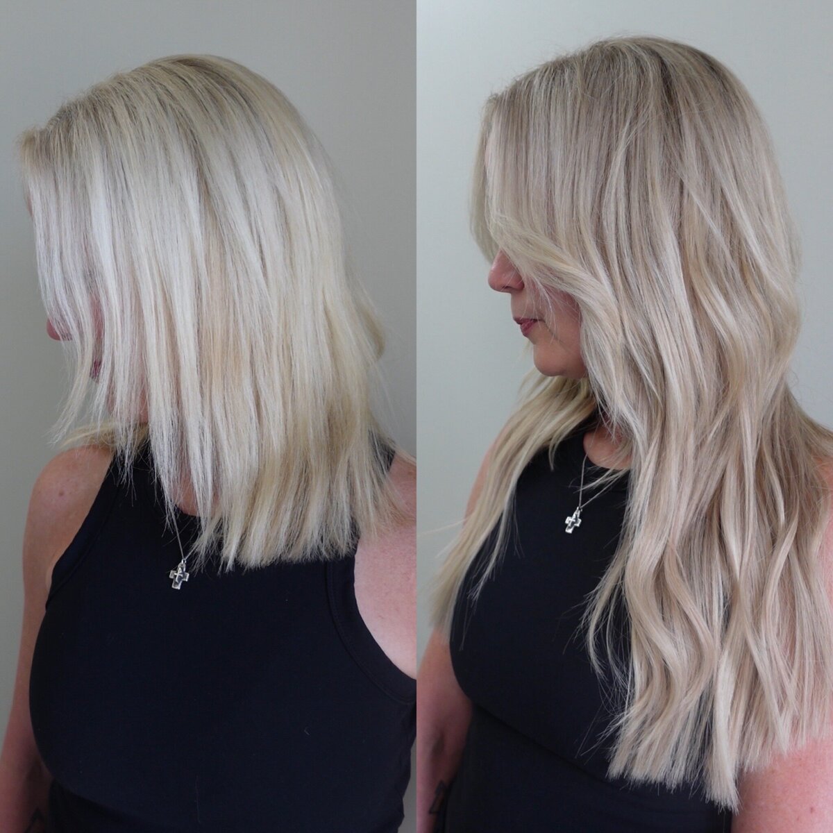 before and after of Jacqueline Redd Roberson's best blonde hand tied extensions in Madison, MS