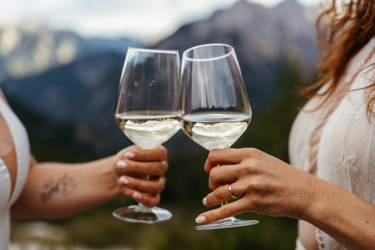 Brides holding wine glasses wedding toast outdoors
