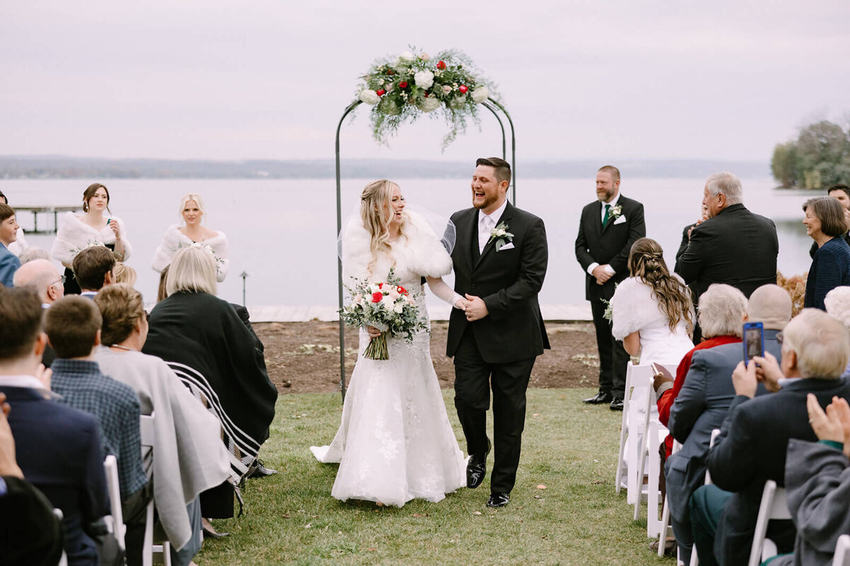 Bride and groom at wedding ceremony at The Lake House on Canandaigua, Finger Lakes, NY