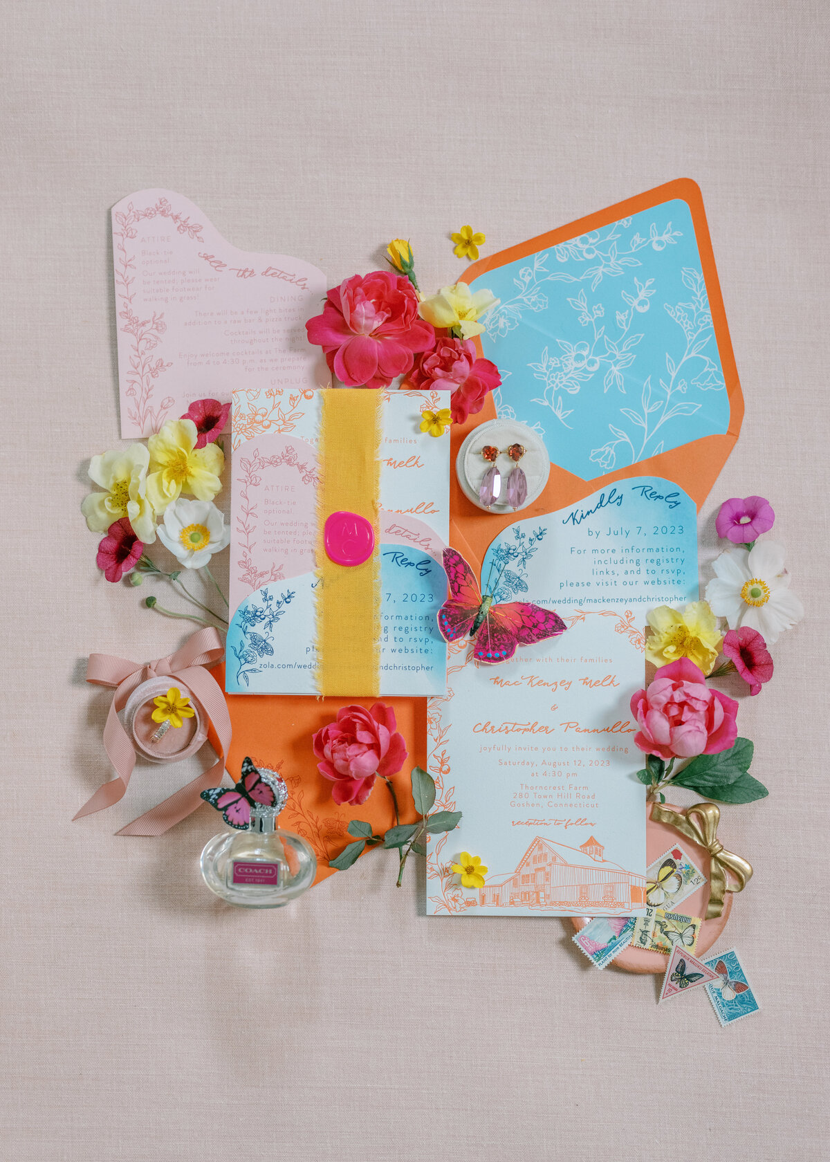 pink-orange-blue-invitations-thorncrest-farm