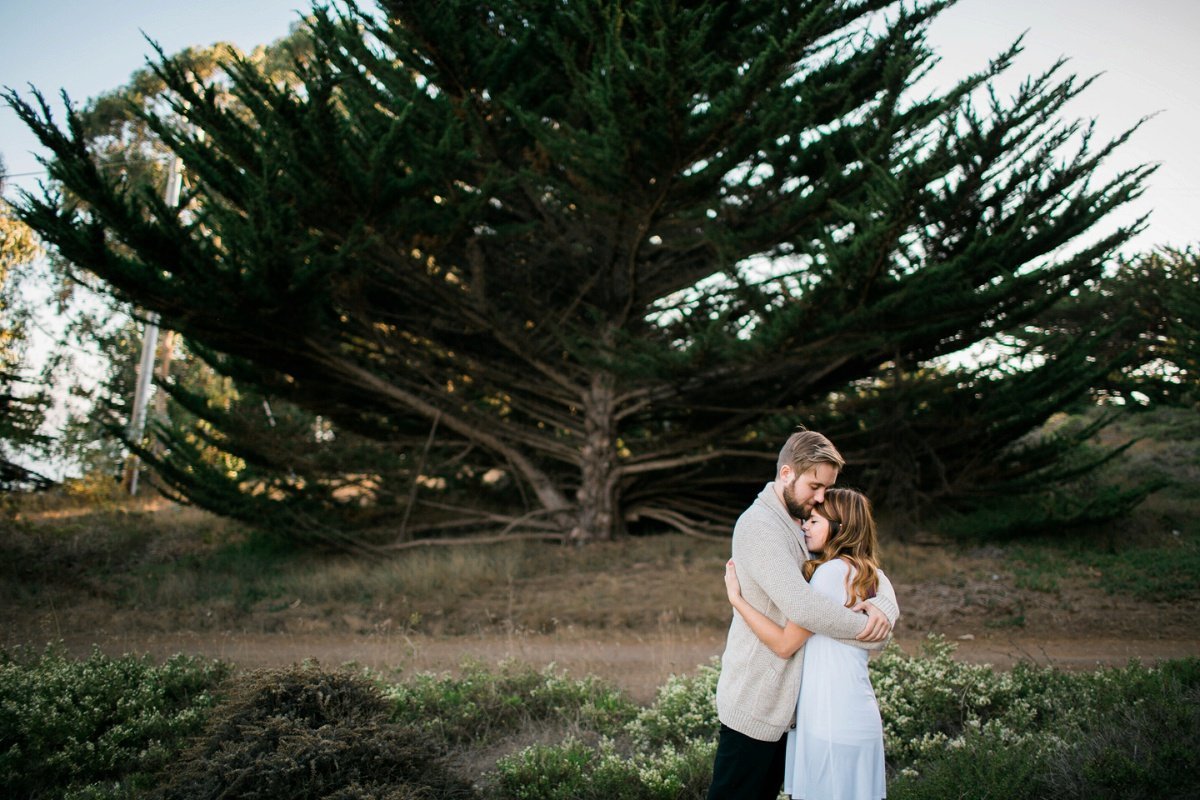Engaged couple fully embrace each other during a tender moment out in the fields in front of a large tree