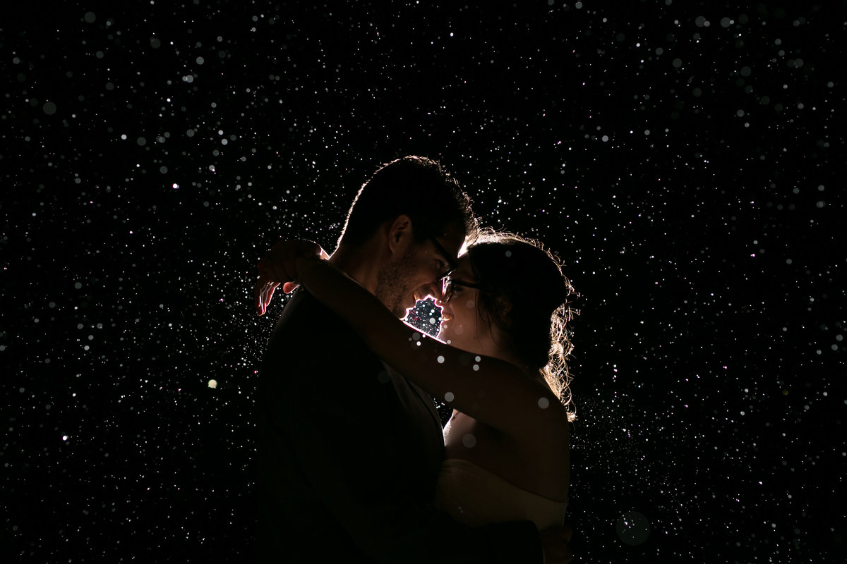 bride and groom in the rain at night in pennsylvania