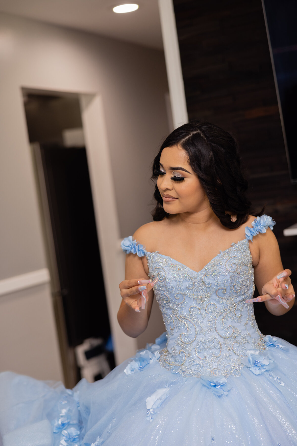 Victoria’s stunning quinceañera gown beautifully displayed at her home in Cleveland, Ohio, before her ceremony.