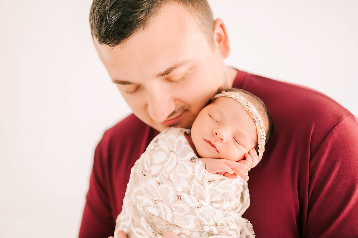 Springfield MO newborn photographer Jessica kennedy of The XO Photography captures close up of dad and swaddled newborn's faces