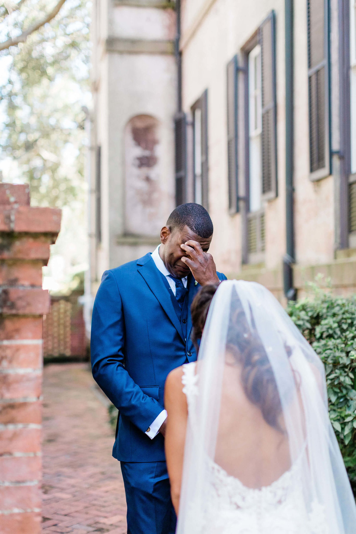 Bride and groom first look in Downtown Savannah by Apt. B Photography