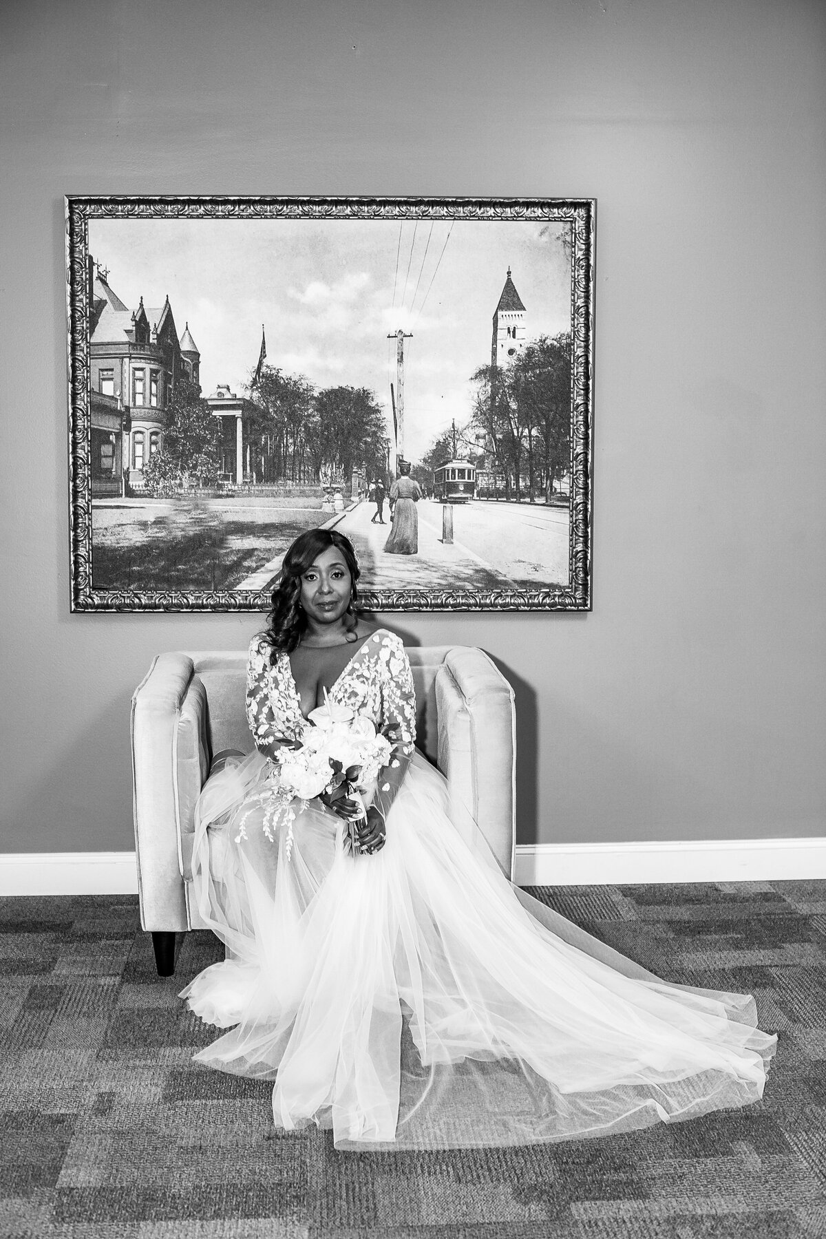southern-exchange-ballroom-atlanta-ga-black-and-white-bride-seated-with-bouque
