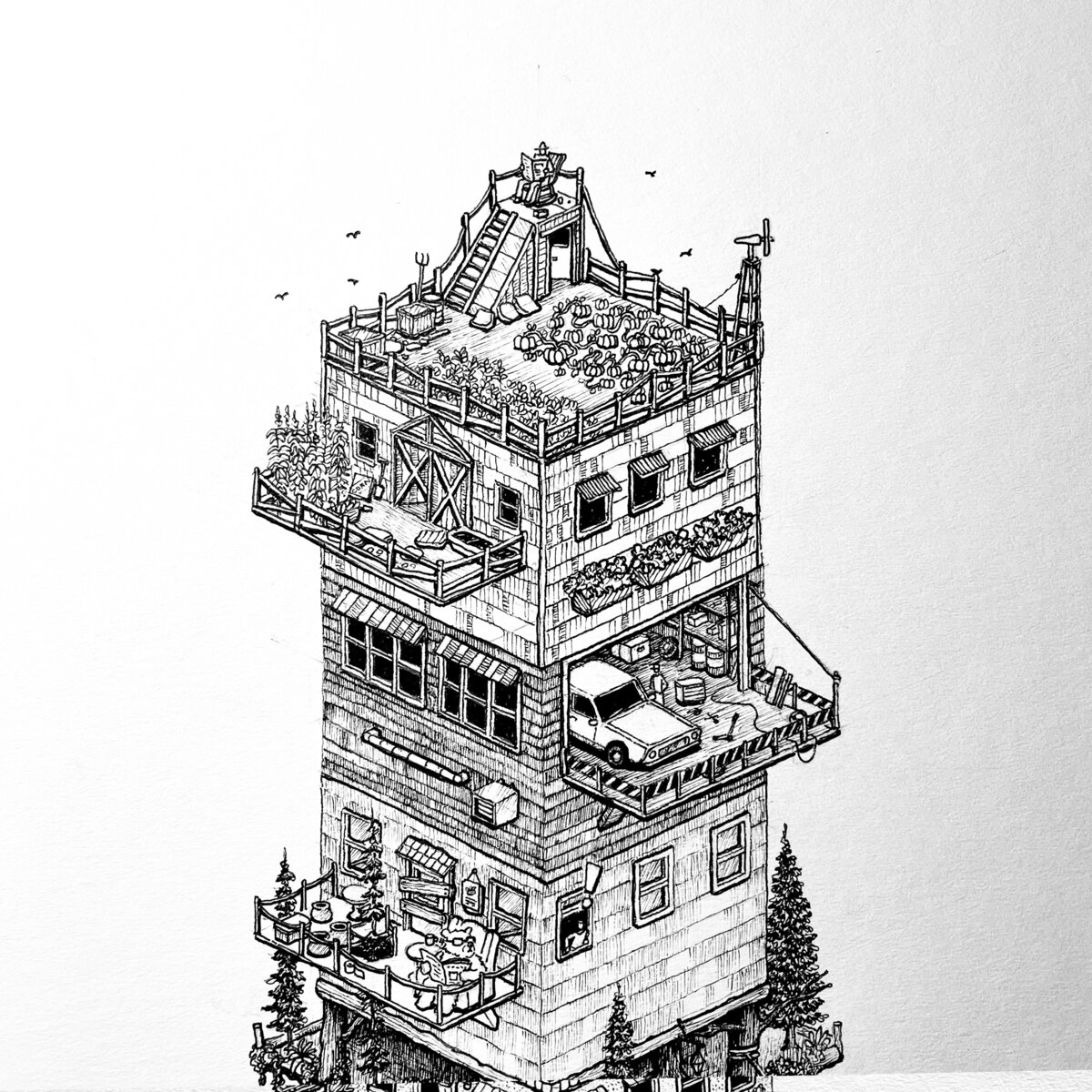 Pen and Ink Illustration of Inktober 2022 prompt: Farm