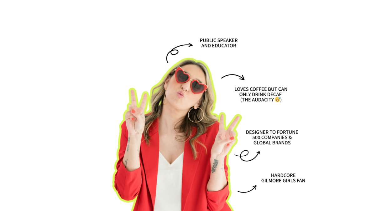 Small business website design expert in branded red outfit and heart glasses, sharing creative personality