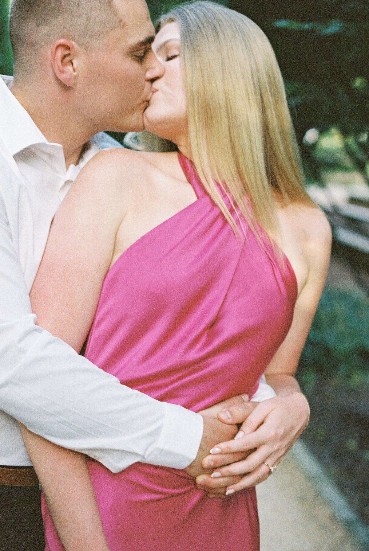 Close-up of engaged couple kissing in Columbus session by Philadelphia photographer.