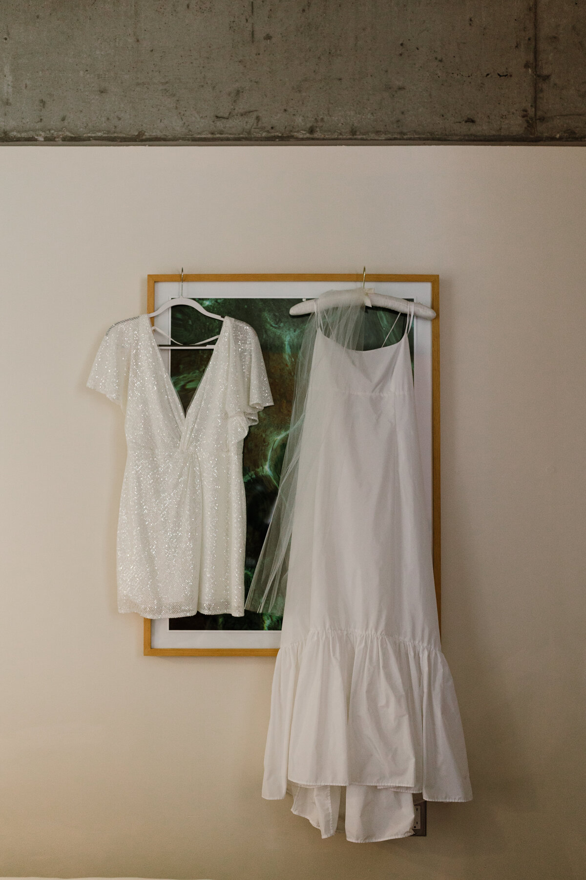 Wedding dresses hung up at Carpenter hotel, Austin